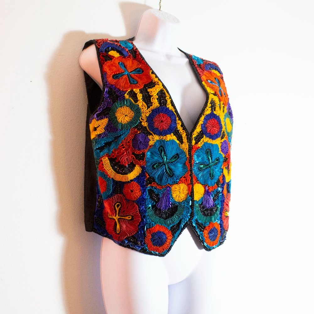 Vintage Vest Cache Silk Wearable Art ribbon Large 80s blue red yellow - Picture 2 of 12